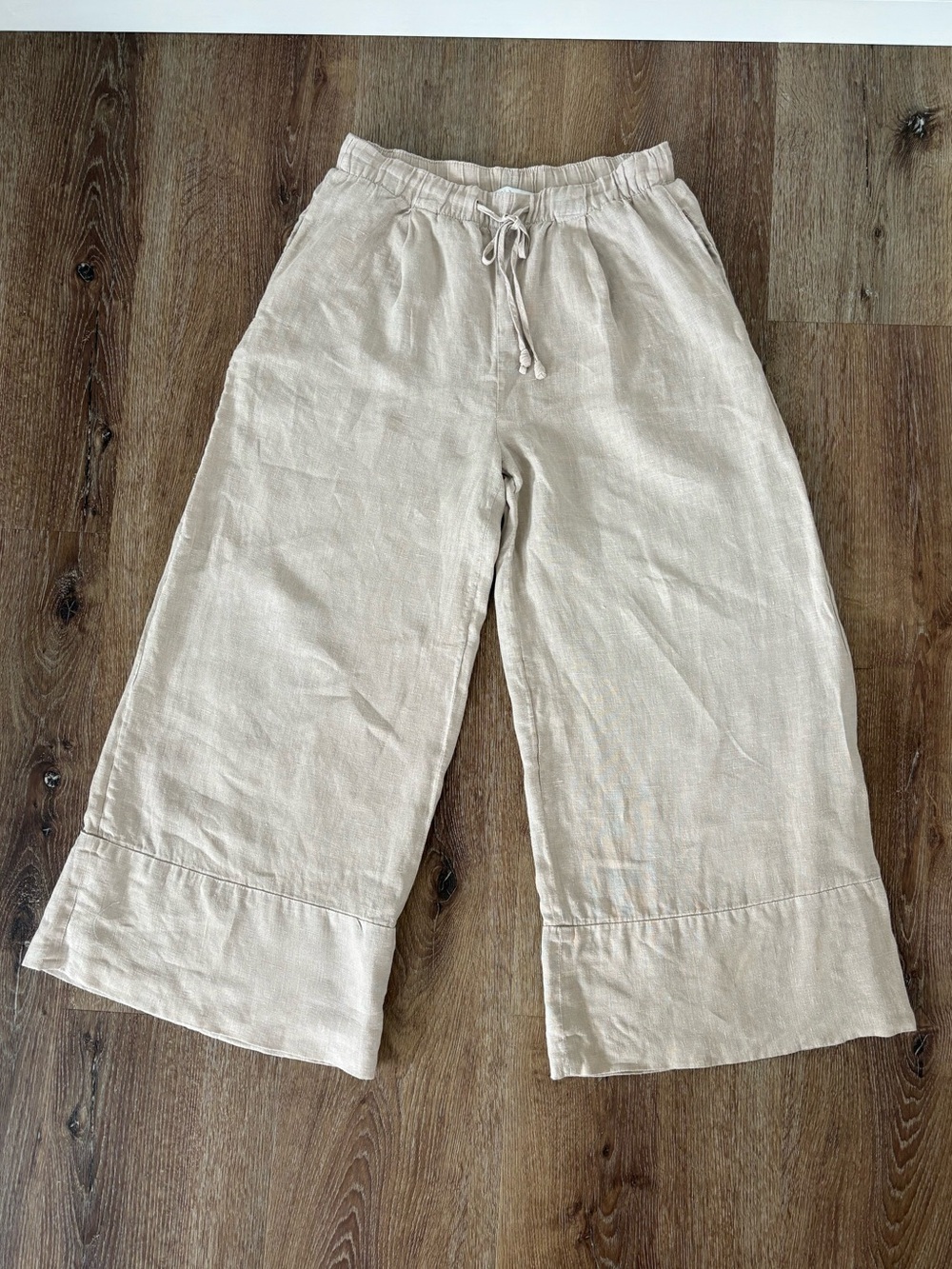 Zara Linen Wide-Leg Palazzo Drawstring Pants in Natural Size: XS /
